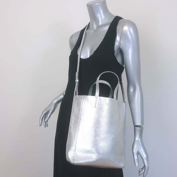 Celine Small Vertical Cabas Tote Silver Metallic Leather Crossbody Bag - Picture 1 of 12